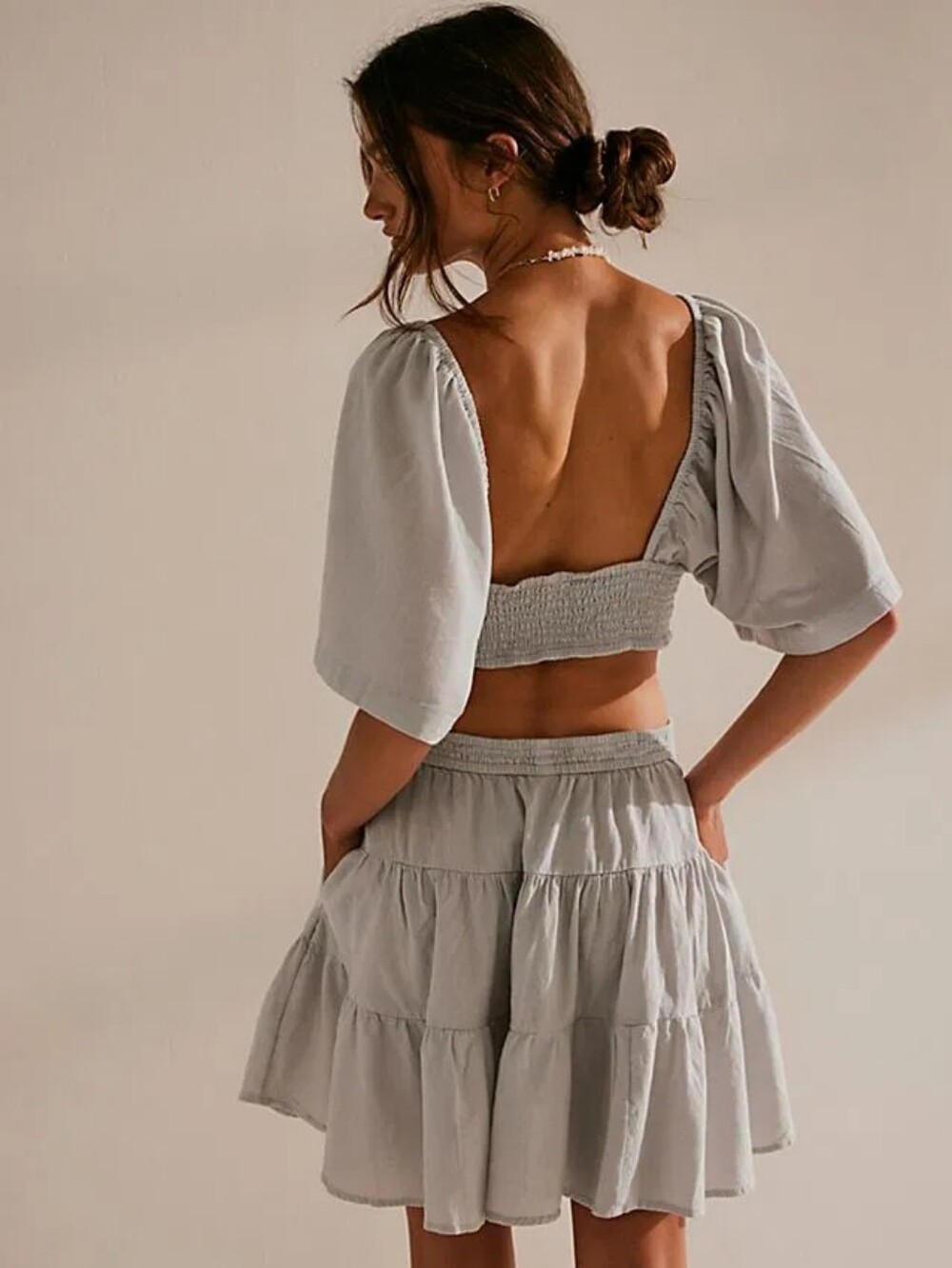 Free People Cross Of Sunlight Gray Linen Smocked Cut Out Tiered Mini Dress - Picture 4 of 12